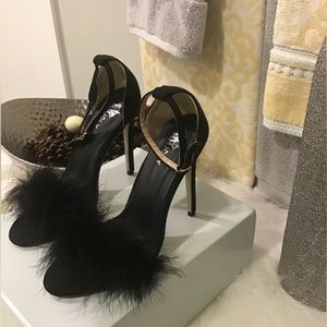 MMJULY Open Toe Ankle Strappy Fluffy Feather Stiletto High Heel